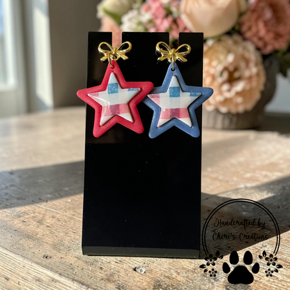 Patriotic Plaid Star Dangles - Handmade Polymer Clay Earrings