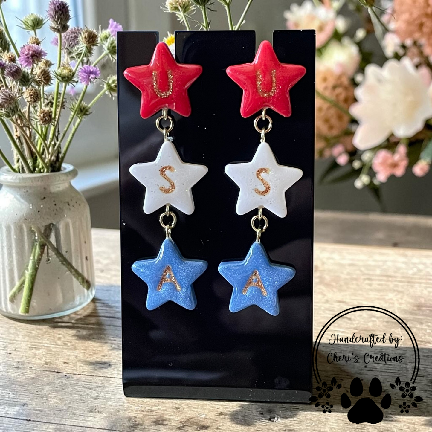 Patriotic Star Dangles - Handmade Polymer Clay Earrings