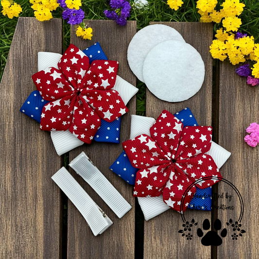 Patriotic Stars DIY Flower Bow Kit on Bold Red Ribbon – Perfect for Holiday Crafting