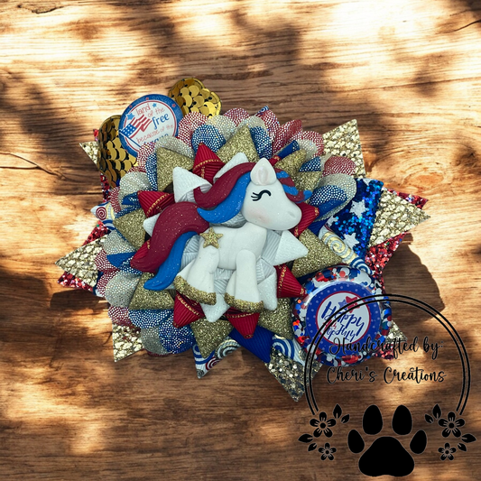 Handmade Patriotic Unicorn Hair Bow – 4th of July Faux Leather Ribbon Bow with Clay Center