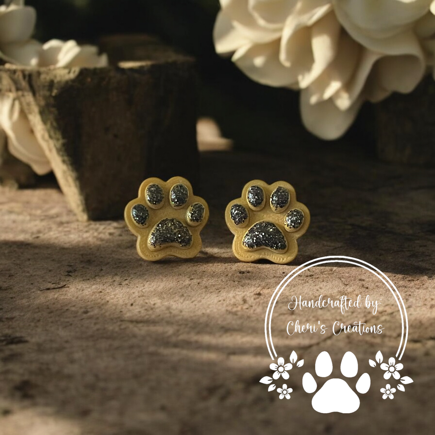 Gold & Black Paw Prints Polymer Clay Stud Earrings