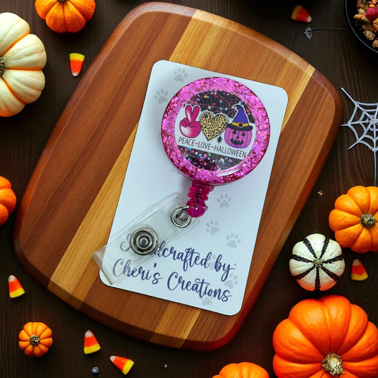 Peace Love Halloween Badge Reel ID Holder with Belt Clip
