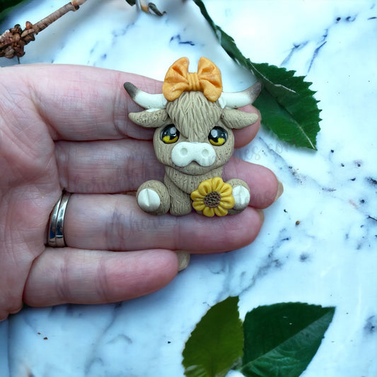 Sitting Sunflower Shaggy Cow Polymer Clay Embellishment