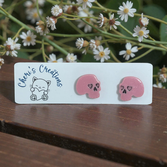 Pink Distressed Skull Studs – Handmade Polymer Clay Earrings