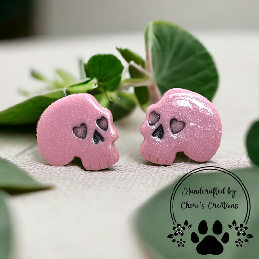 Light Pink Spooky Skulls Polymer Clay Stud Earrings