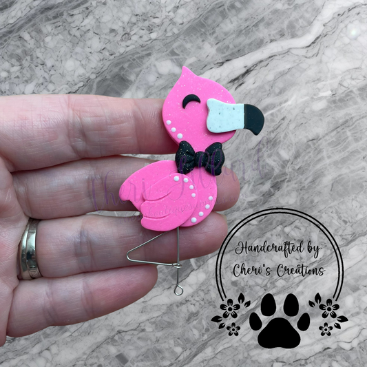 Pink Flamingo with Black Bowtie – Handmade Polymer Clay Embellishment for Bow Centers, Crafts & DIY Projects