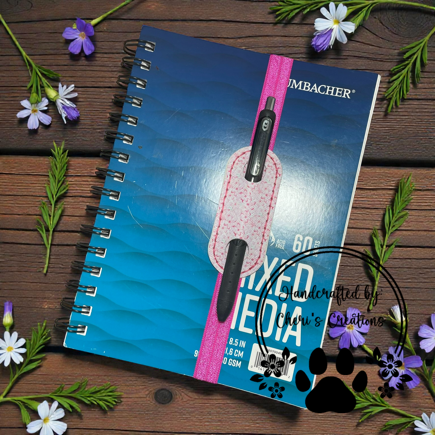 Pen Holder - Pink Floral Elastic Pen Bookmark