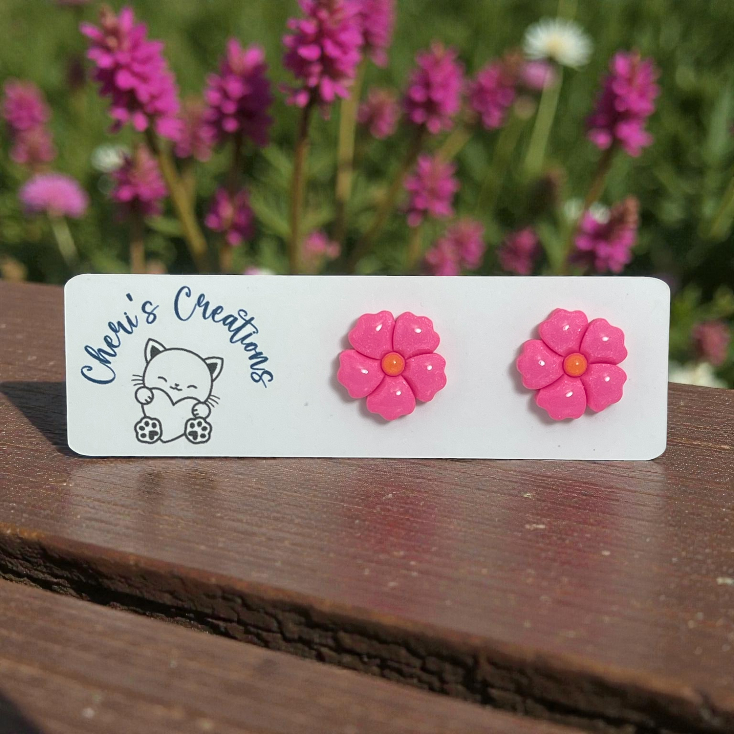 Pink Flower Studs – Handmade Polymer Clay Earrings
