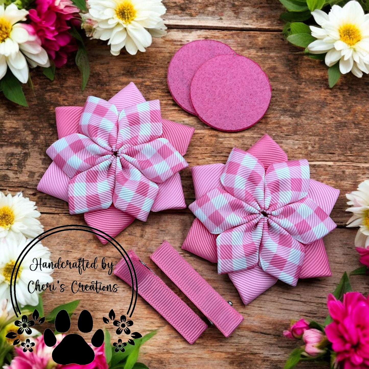 Pink Gingham Hair Bow Kit - DIY Flower Bow Kit