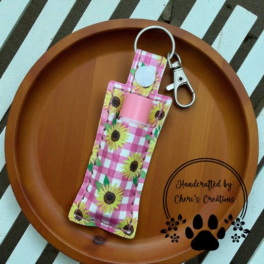 Chapstick Keychain - Pink Gingham Sunflowers Lip Balm Holder