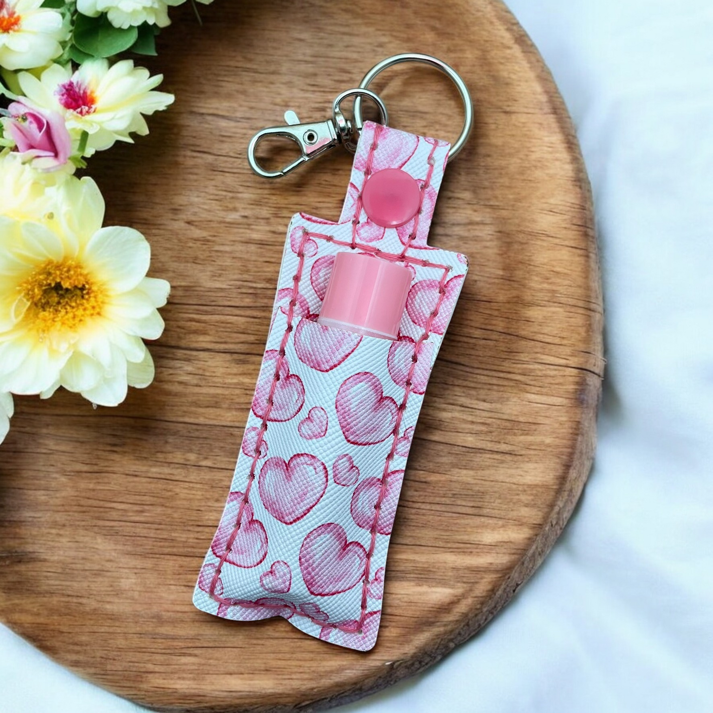 Scattered Pink Hearts Chapstick Keychain