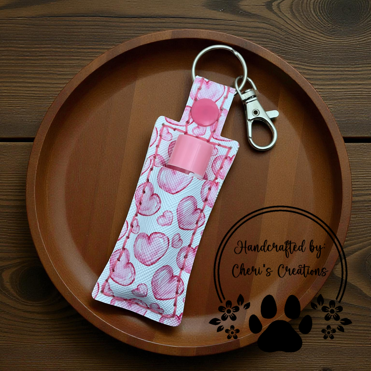 Chapstick Keychain - Scattered Pink Hearts Lip Balm Holder