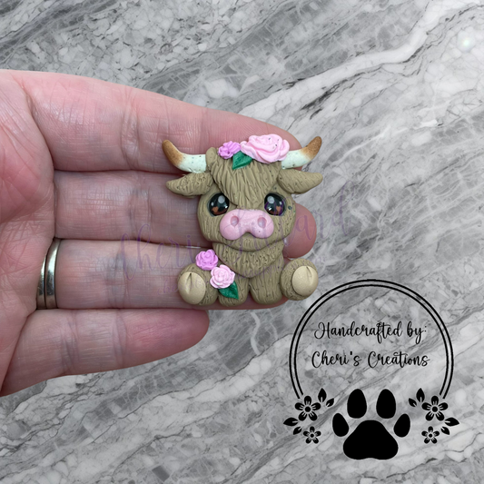 Pink Floral Highland Cow Bow Center – Handmade Polymer Clay Embellishment
