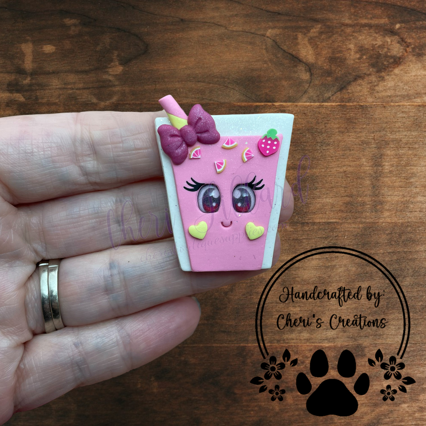 Strawberry Lemonade Cup Bow Center – Handmade Polymer Clay Embellishment