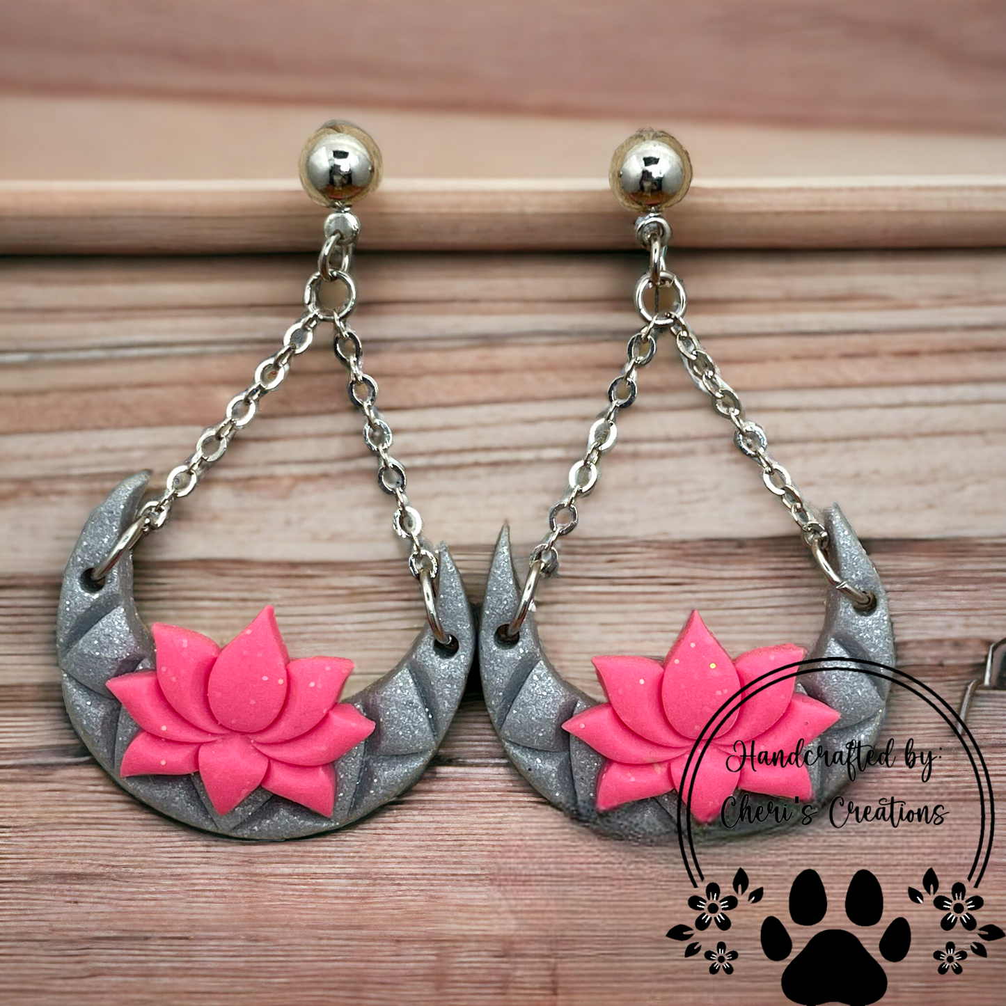 Pink Lotus Flowers Polymer Clay Dangle Earrings