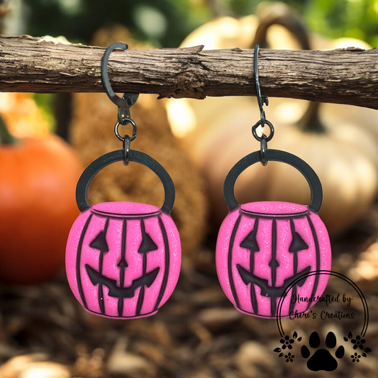 Pink Halloween Pumpkin Bucket Polymer Clay Dangle Earrings