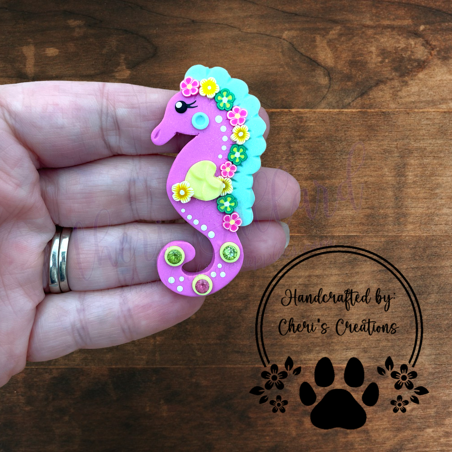 Pink Seahorse Bow Center – Handmade Polymer Clay Embellishment