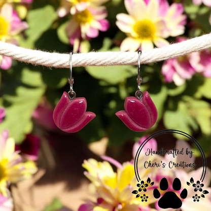 Bright Berry Pink Spring Tulip Polymer Clay Dangle Earrings