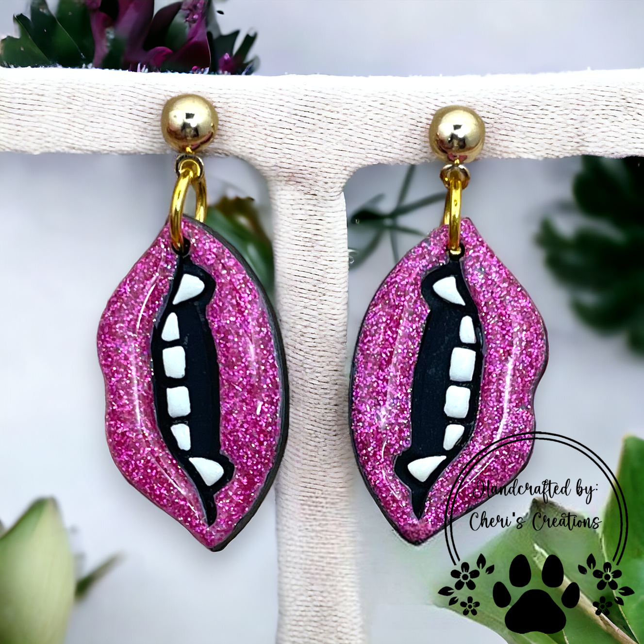 Hot Pink Vampire Kiss Polymer Clay Dangle Earrings