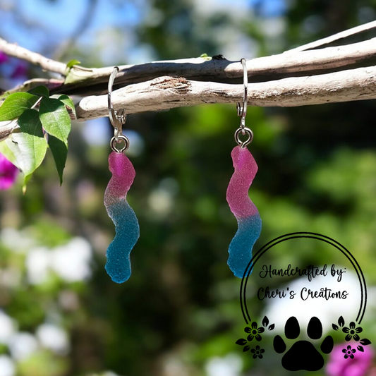 Retro Pink & Blue Gummy Worm Acrylic Dangle Earrings