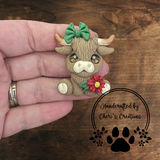 Poinsettia Highland Cow Bow Center – Handmade Polymer Clay Embellishment