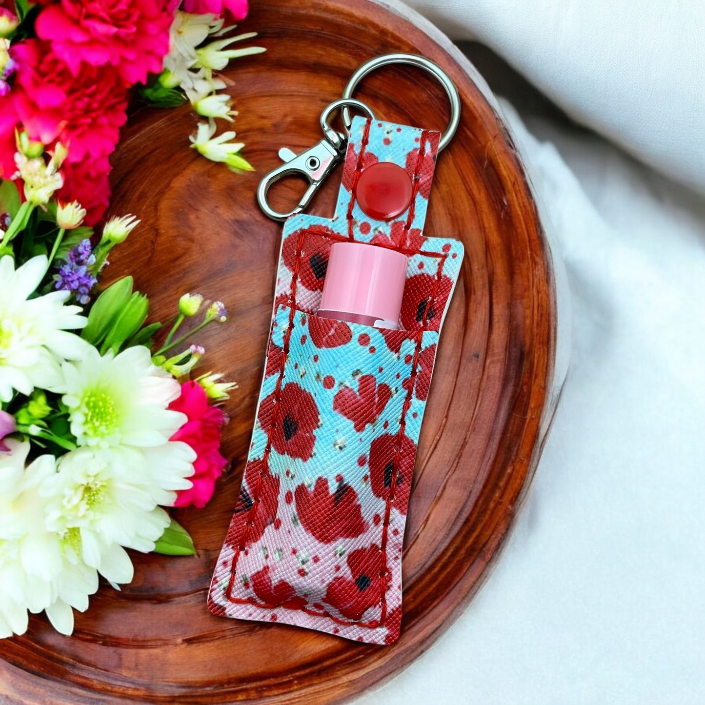 Floral Poppy Chapstick Holder Keychain