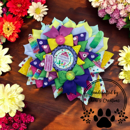 Popsicle Princess Hair Bow – Handmade Faux Leather Bow with Sparkling Center & Summer Embellishments