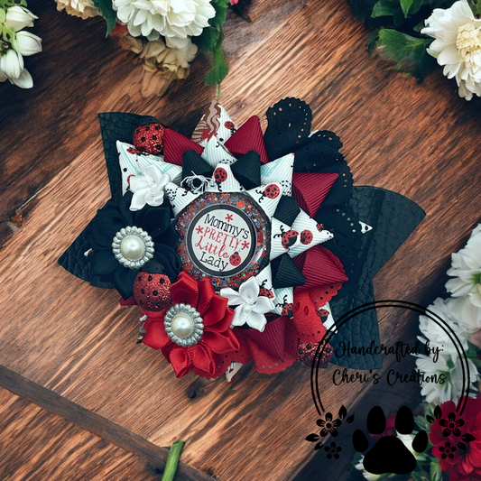 Mommy’s Pretty Little Lady Hair Bow – Handmade Ladybug-Inspired Bow with Glitter Resin Center & Floral Embellishments