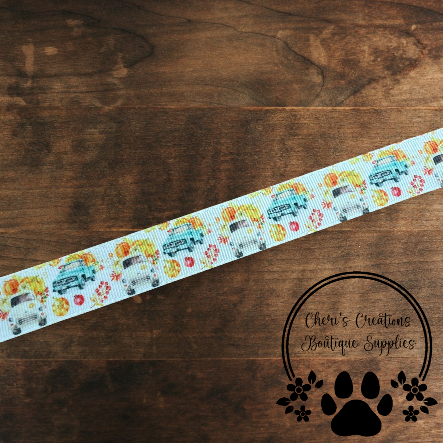 Fall Trucks & Pumpkins Grosgrain Ribbon – 7/8" | Autumn Harvest Ribbon by the Yard | Farmhouse Bow Ribbon by the Yard