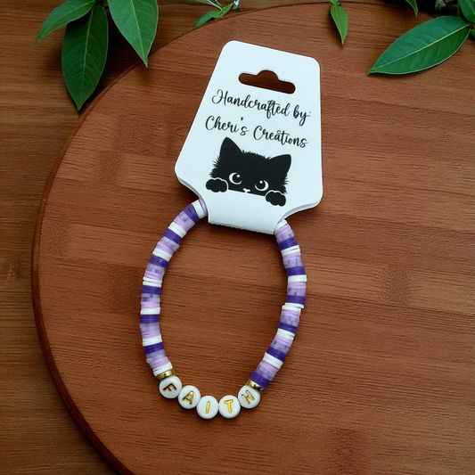 Purple Heishi Bead Bracelet – Handmade Stretch Bracelet with FAITH, HOPE, or LOVE
