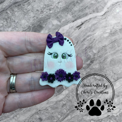 Purple Floral Ghost Bow Center – Handmade Polymer Clay Embellishment