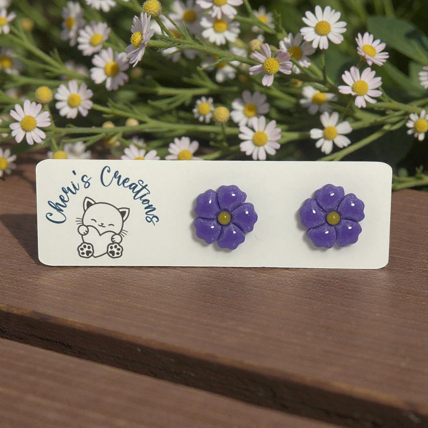 Purple Flower Studs – Handmade Polymer Clay Earrings