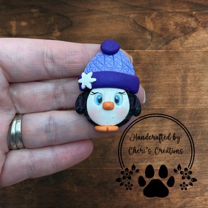 Purple Beanie Penguin Bow Center – Handmade Polymer Clay Embellishment