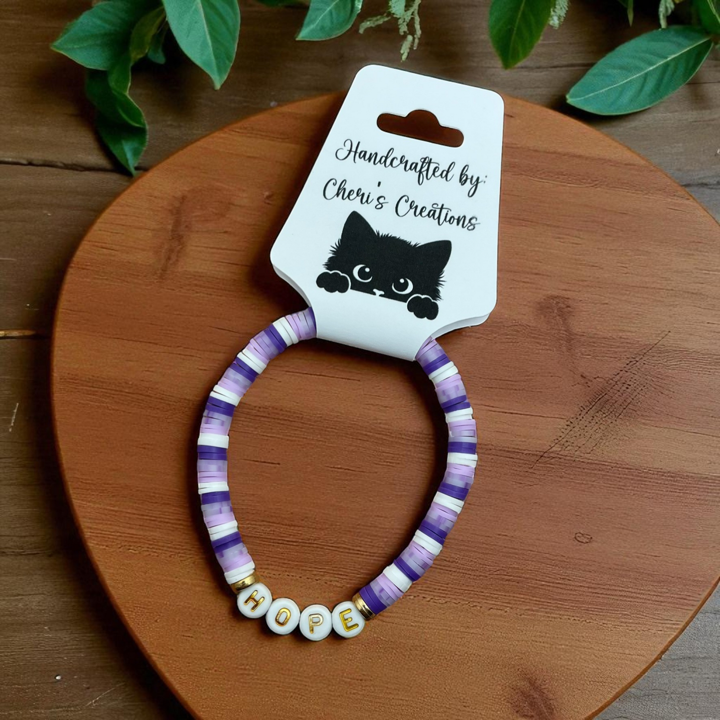 Purple Heishi Bead Bracelet – Handmade Stretch Bracelet with FAITH, HOPE, or LOVE