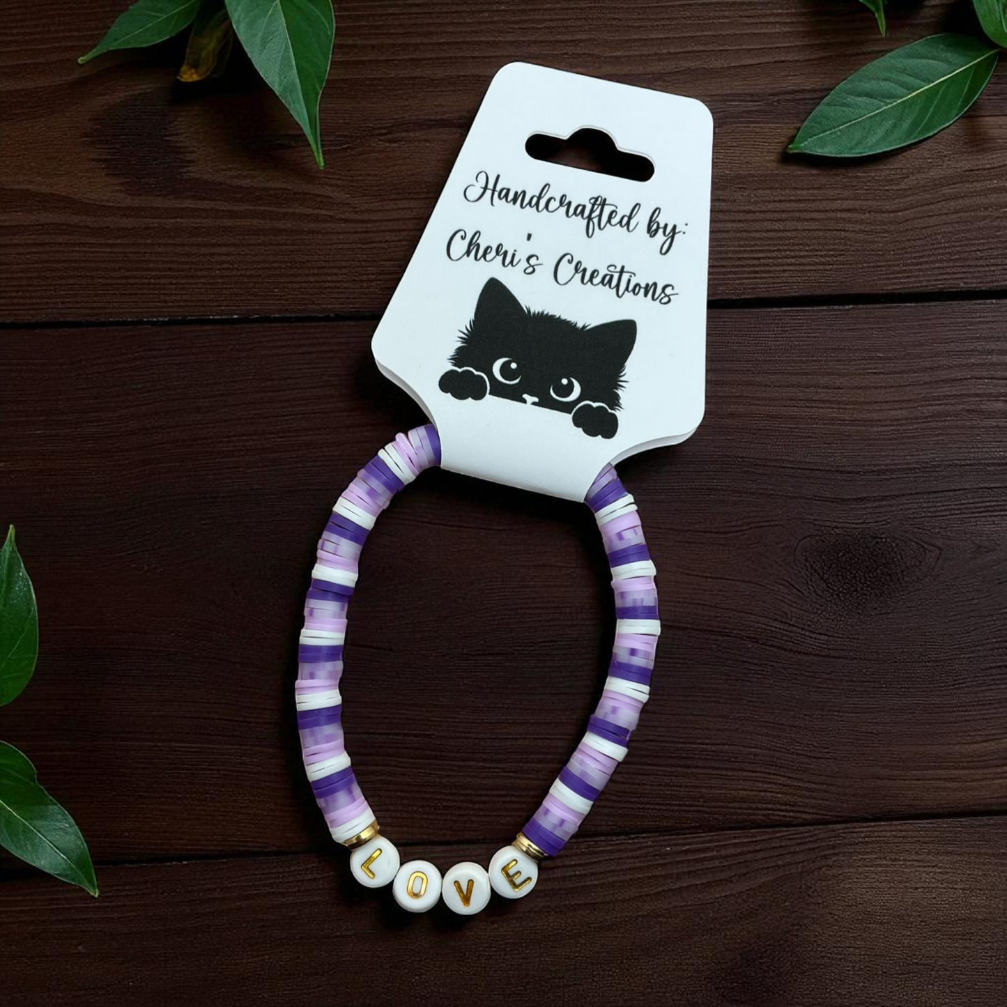 Purple Heishi Bead Bracelet – Handmade Stretch Bracelet with FAITH, HOPE, or LOVE