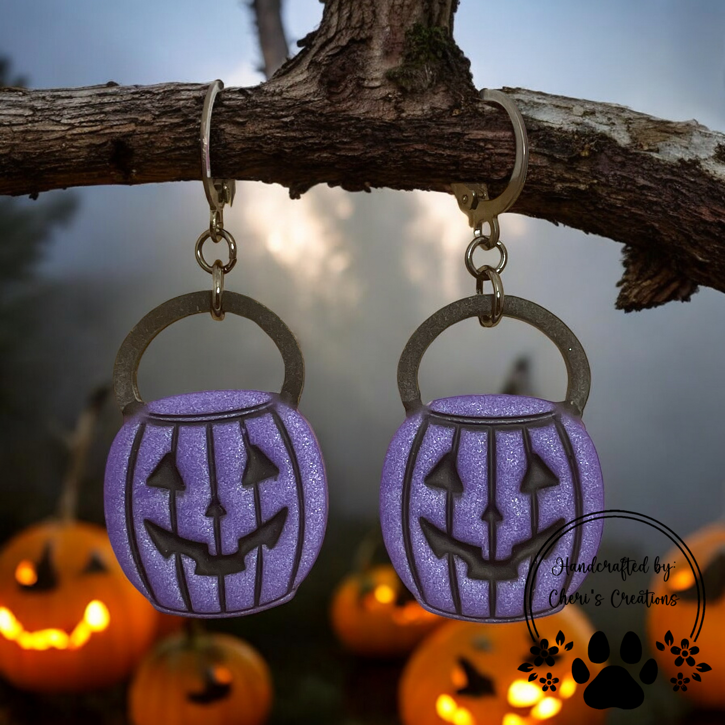 Purple Halloween Pumpkin Bucket Polymer Clay Dangle Earrings