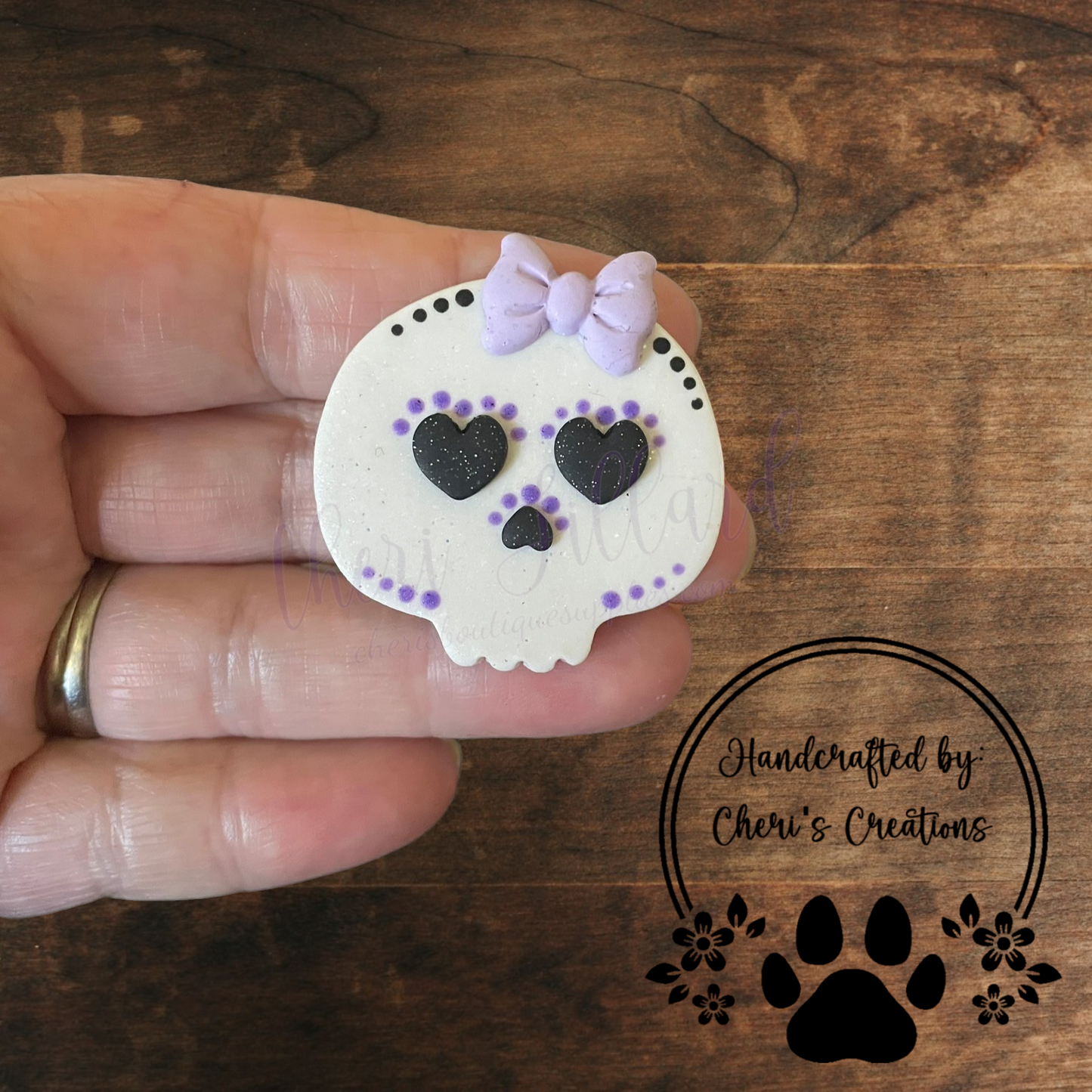 Purple Sugar Skull Bow Center – Handmade Polymer Clay Embellishment