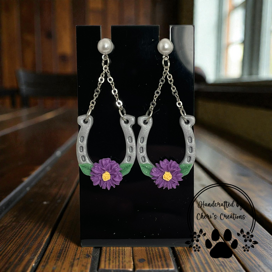 Purple Sunflower Horseshoe Dangle Earrings – Handmade Polymer Clay Earrings