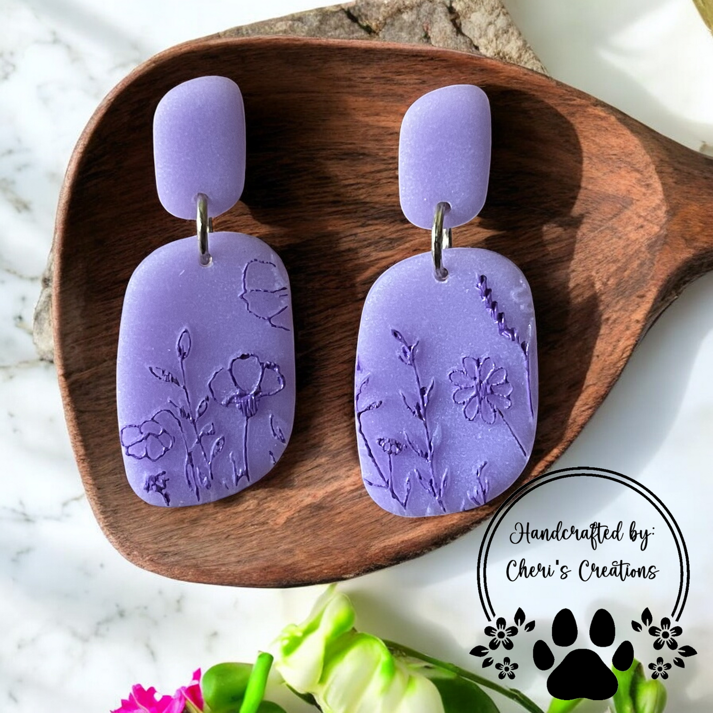 Ethereal Purple Wildflowers Polymer Clay Dangle Earrings