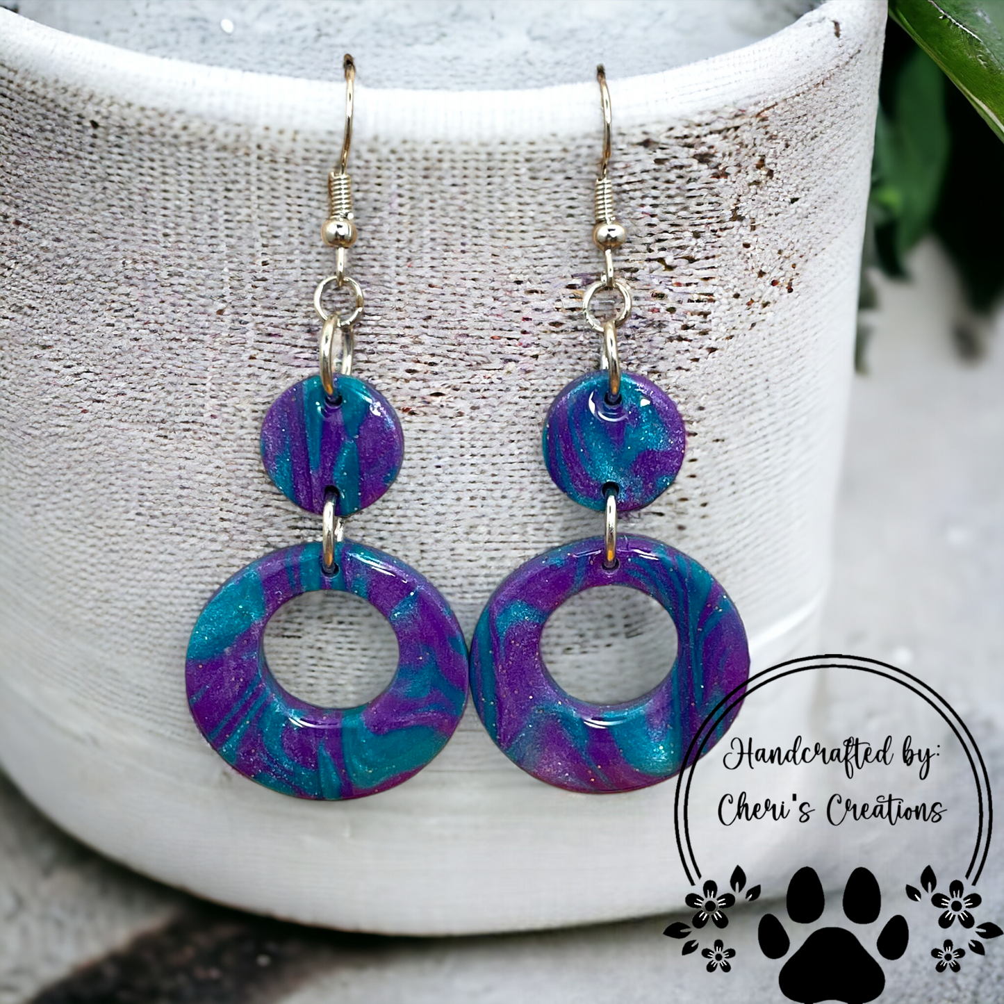 Purple & Turquoise Pearl Marbled Circle Polymer Clay Dangle Earrings