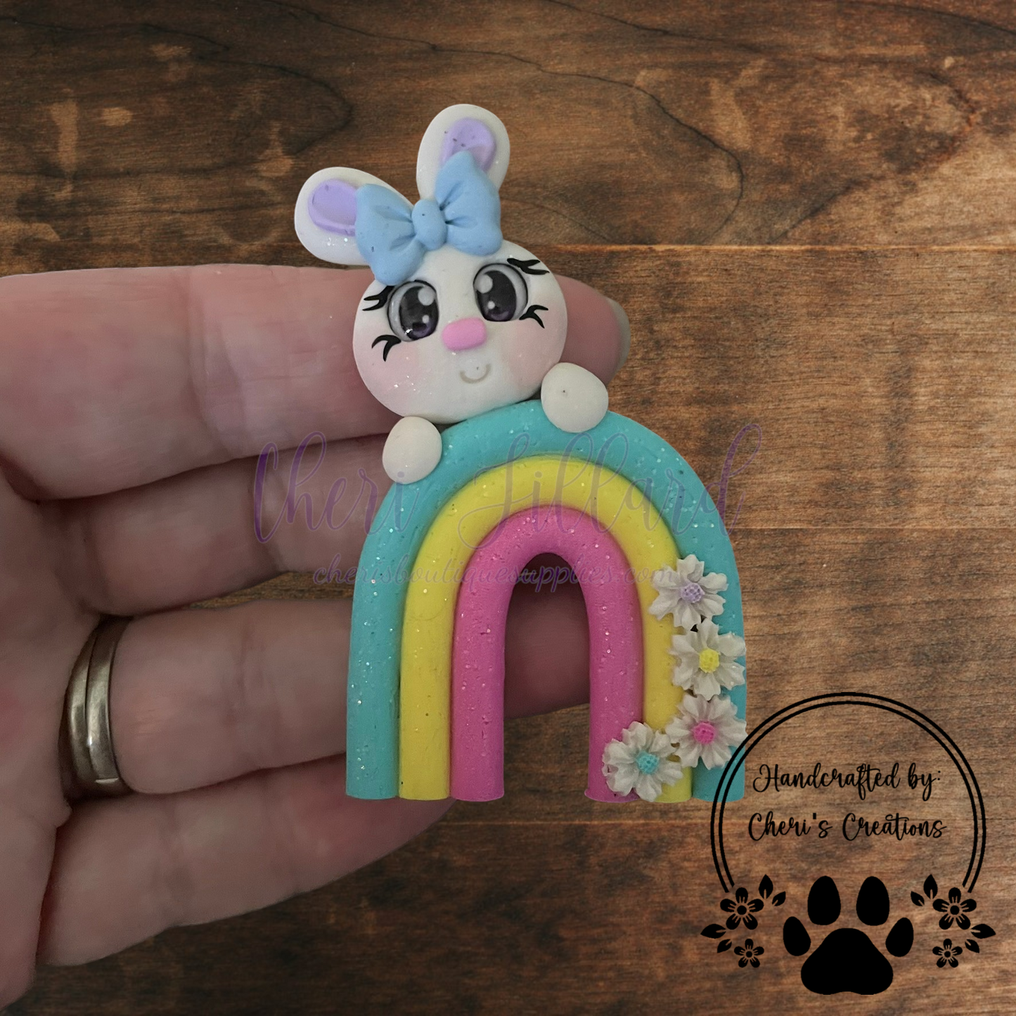 Rainbow Bunny Bow Center – Handmade Polymer Clay Embellishment