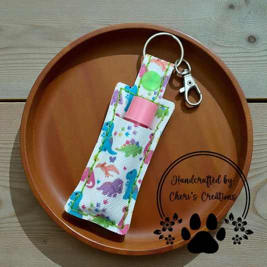 Chapstick Keychain - Bright Rainbow Dinosaurs Lip Balm Holder