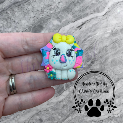 Rainbow Triceratops Bow Center – Handmade Polymer Clay Embellishment
