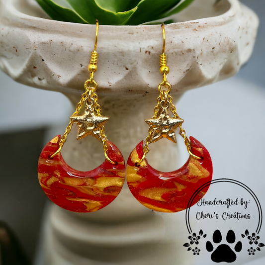 Red & Gold Moons and Stars Polymer Clay Dangle Earrings