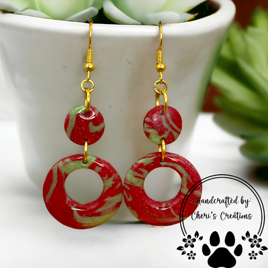 Red & Green Marble Circle Polymer Clay Dangle Earrings