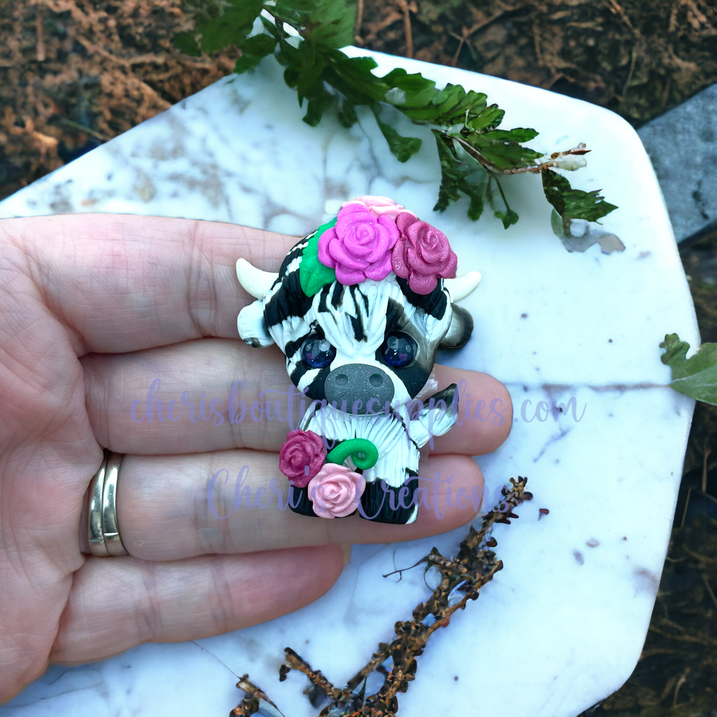 Summer Rose Shaggy Cow Polymer Clay Embellishment