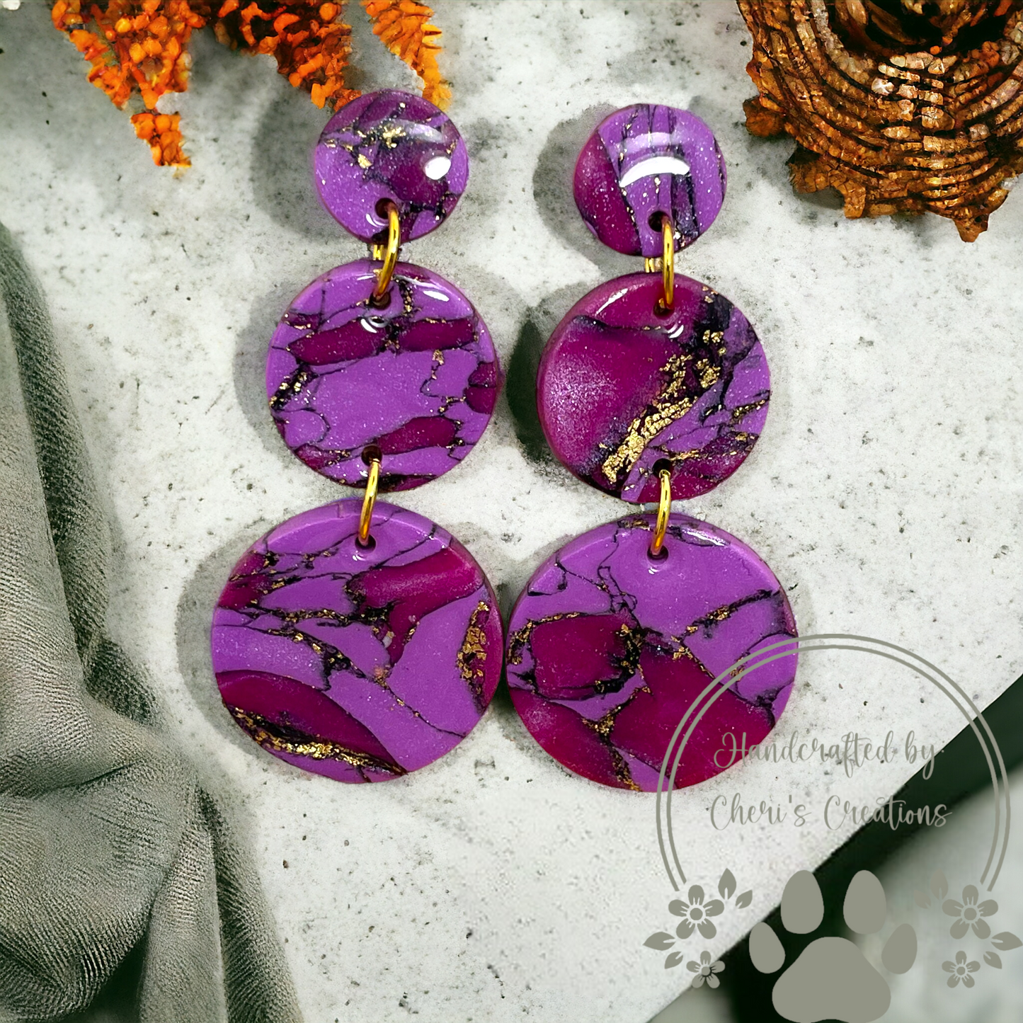 Violet & Black with Gold Accents Circle Drop Polymer Clay Dangle Earrings