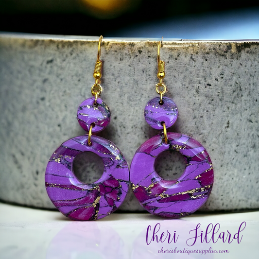 Shades of Violet and Gold Geometric Circles Polymer Clay Earrings