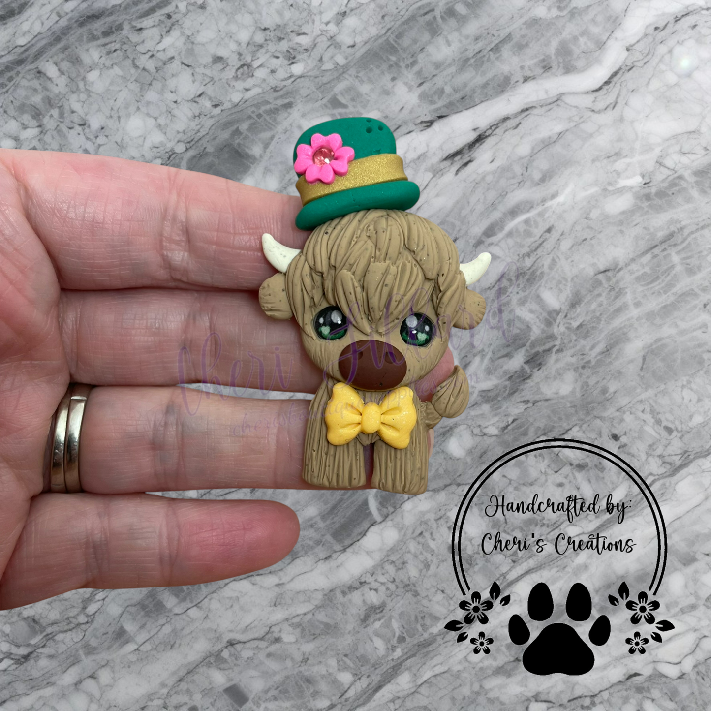 Shamrock Shaggy Cow Bow Center – Handmade Polymer Clay Embellishment
