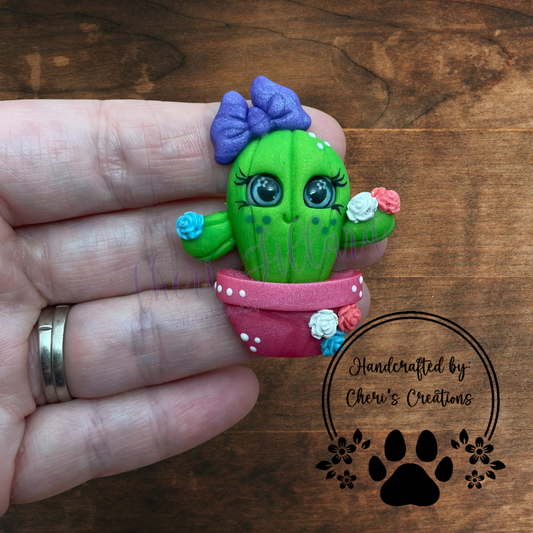 Spring Cactus Bow Center – Handmade Polymer Clay Embellishment